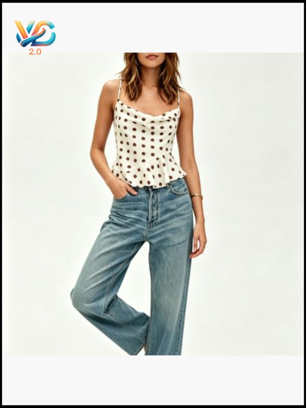 Polka Dot Satin Tank Top Cowl Neck Spaghetti Strap Camisole Tie Back Ruffle Hem - Picture 4 of 4